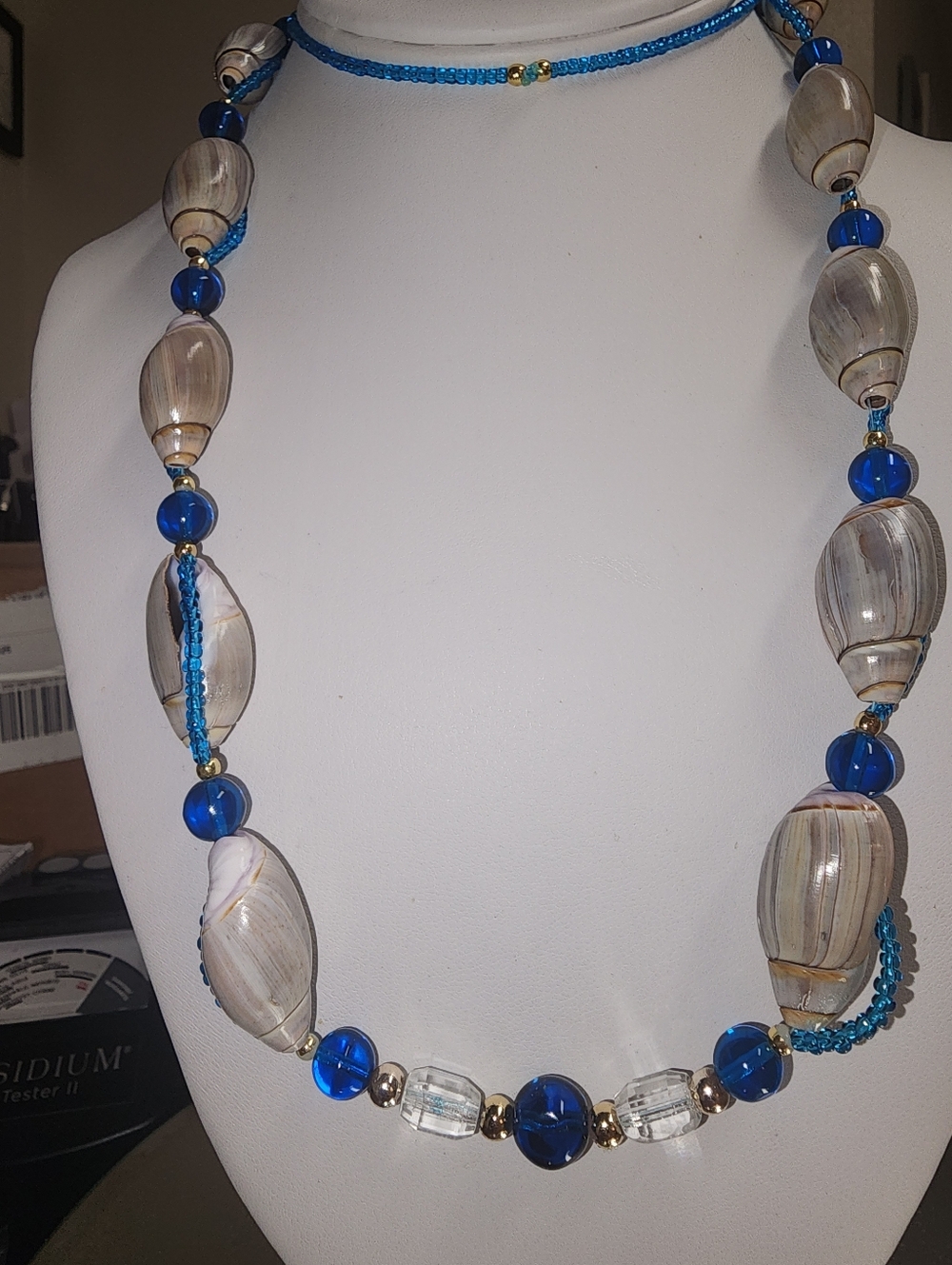 Artisan Olive Shell and Blue Glass Beaded Coastal Necklace